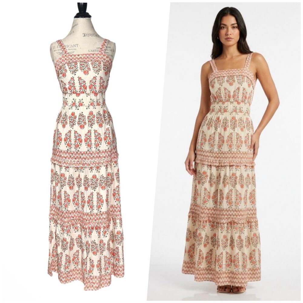 Sincerely Jules | Women | Flax Blend Floral Boho Tiered Maxi Dress | Medium
